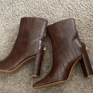 Croc Brown Heeled Ankle Boots